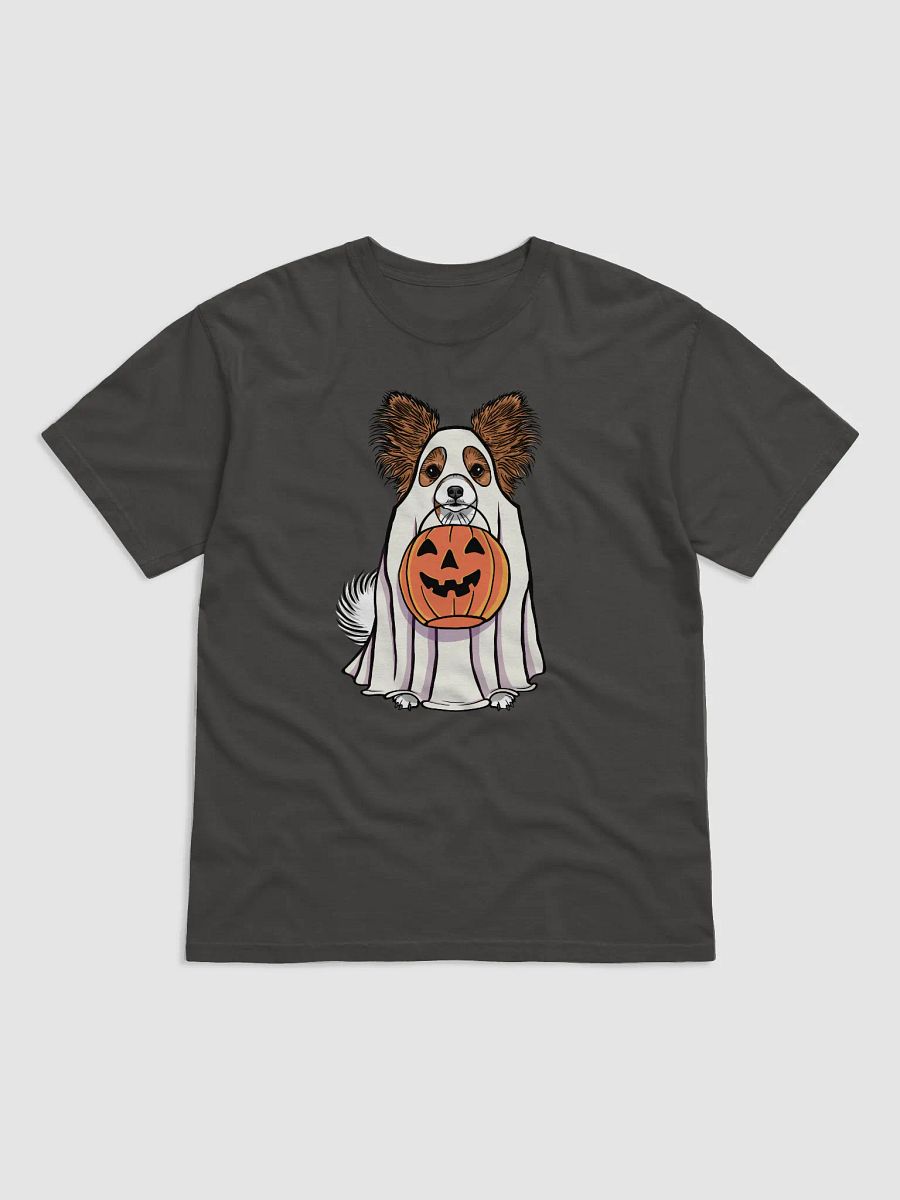 Funny Halloween Papillon T-Shirt | Funny Papillon Wearing a Ghost Costume and Holding a Pumpkin Basket product image (17)
