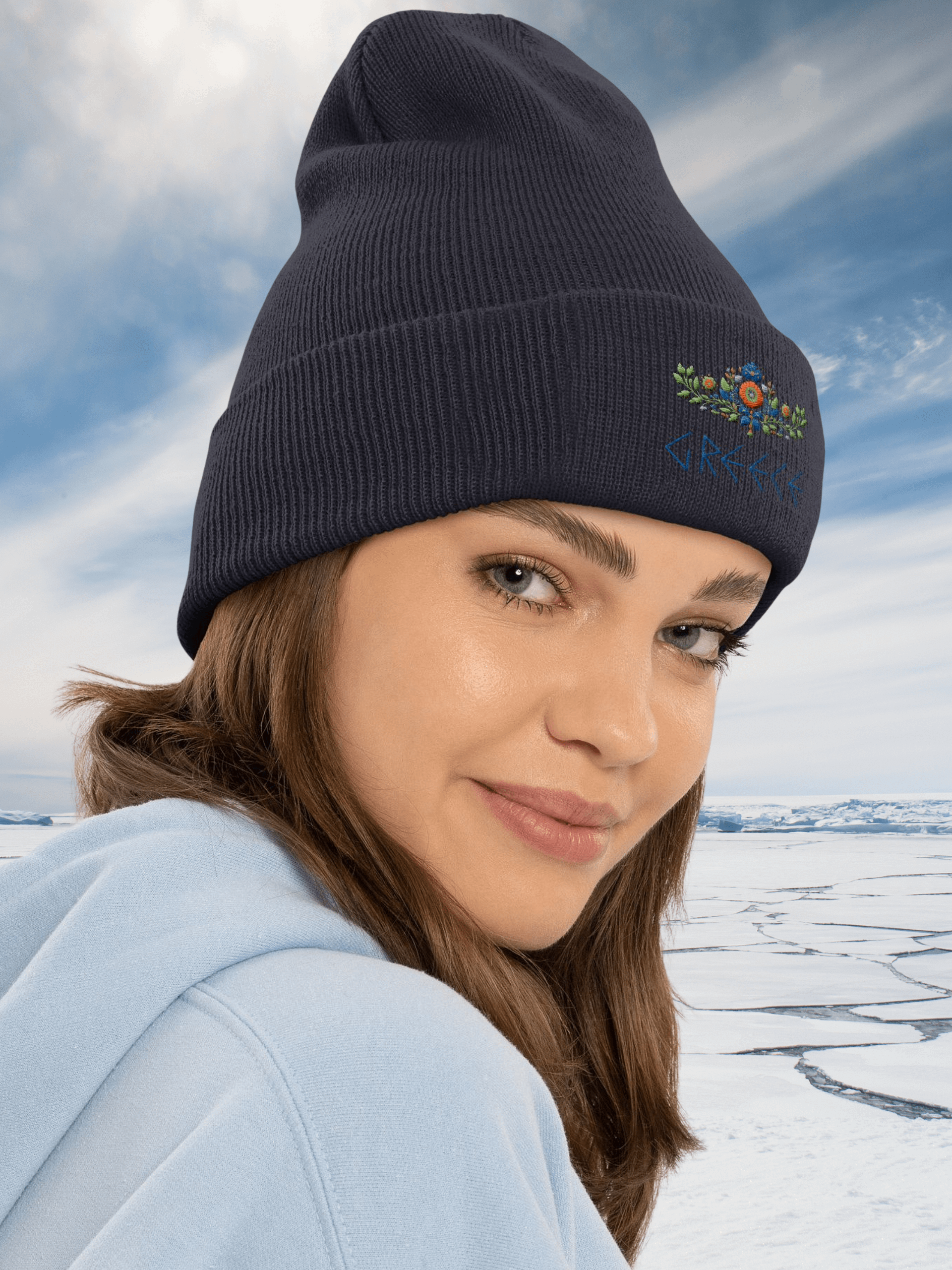 Hellenic Blossom – Greece Edition Embroidered Beanie; Navy product image (4)