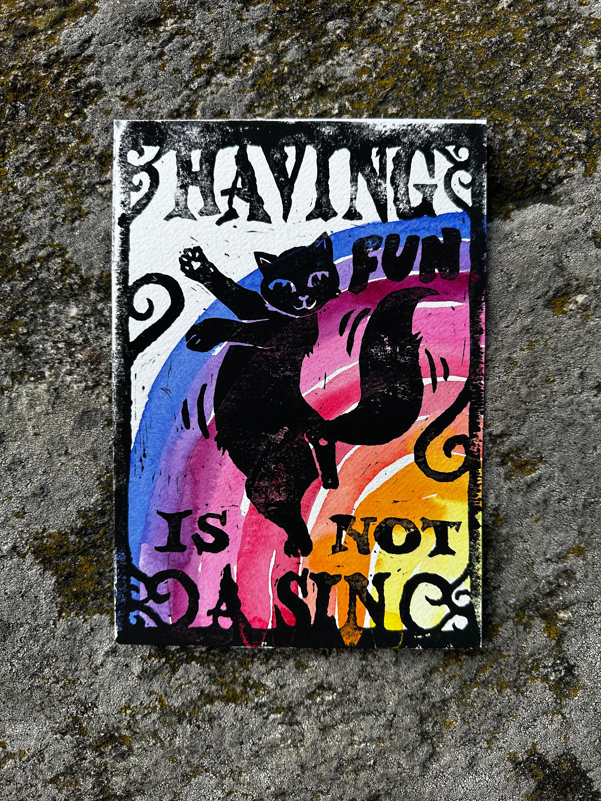 HAVING FUN IS NOT A SIN dancing cat original lino print (10) product image (1)
