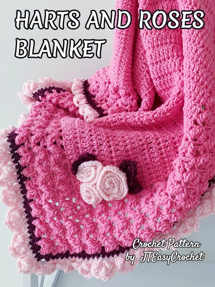 Hearts And Roses Throw Blanket Crochet Pattern with Rose Bouquet Applique product image (1)