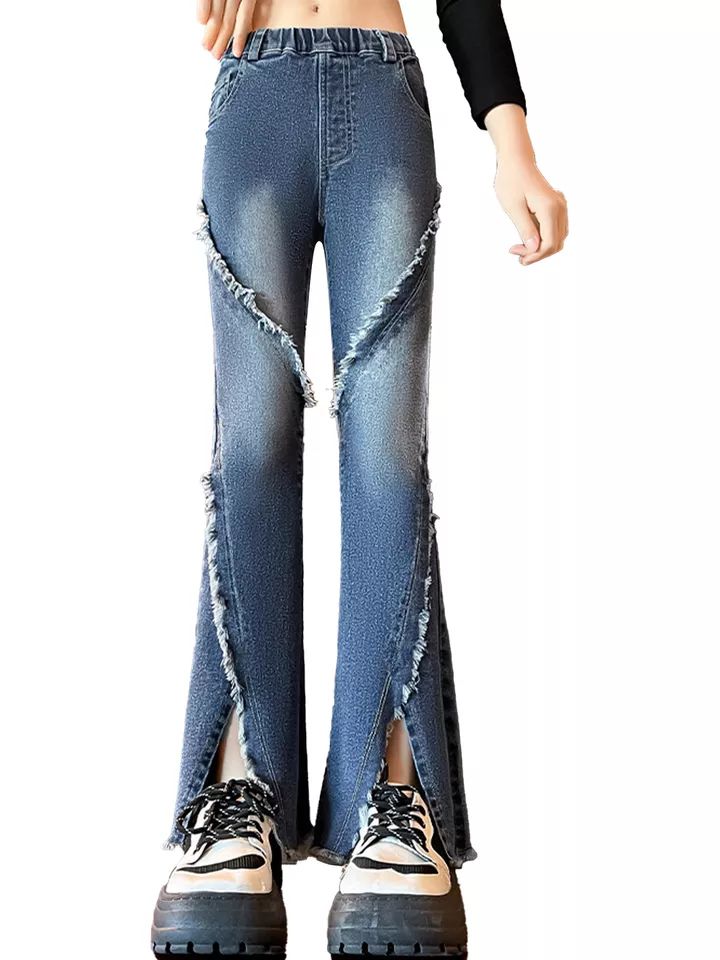 Kids Girls Ripped Wide Leg Jeans Pants Fashion Solid Color Denim Bottoms Trouser product image (4)