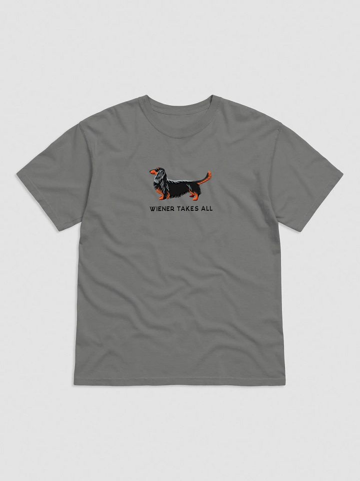 Wiener Takes All T-Shirt(Embroidered) of a Longhaired Dachshund(Black & Tan) product image (1)