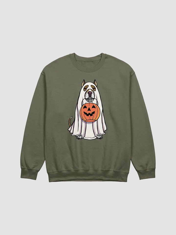 Funny Halloween Pitbull Terrier(Cropped Ears, Brindle) Sweatshirt | Funny Pittie Wearing a Ghost Costume and Holding a Pumpkin Basket product image (1)