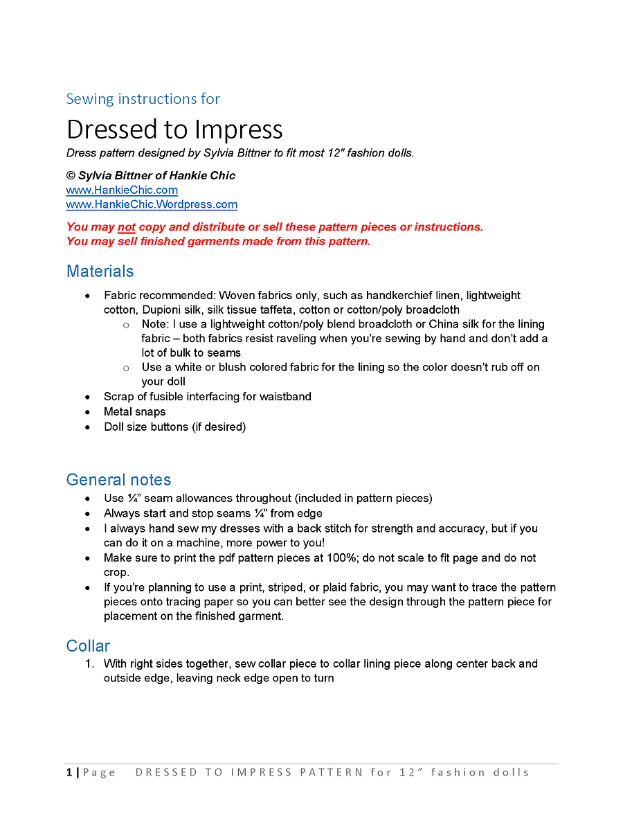 Dressed to Impress sewing pattern for 12" fashion dolls product image (2)