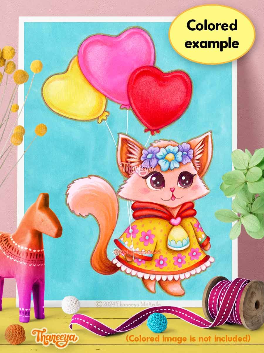 Cat with Heart Balloons - Single Coloring Page product image (5)