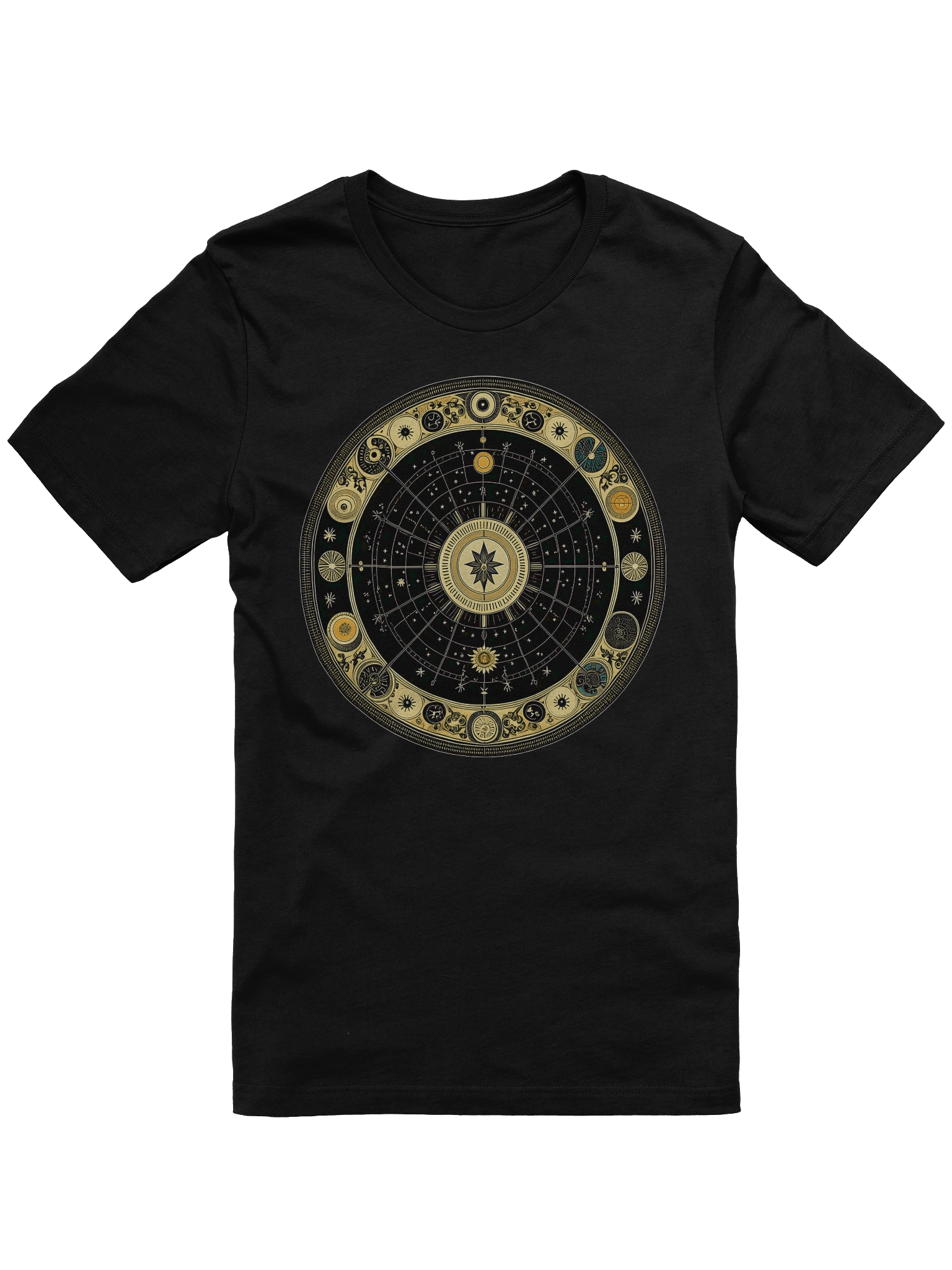 🌌 Celestial Zodiac Compass Unisex T-Shirt – Gold Cosmic Wheel Design | Mystical Astrology-Inspired Graphic Tee product image (9)