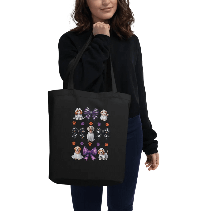 Cute Halloween Dog Ghost and Bow Tote Bag Design1 product image (2)