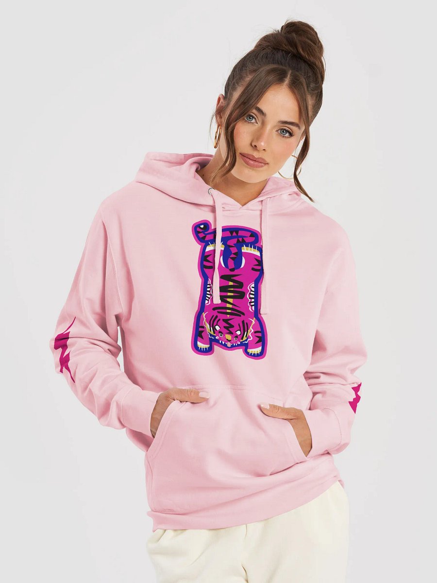 Pink Electric Tiger with Pink Lightning Bolts - Cotton Hoodie with Front Pocket product image (5)