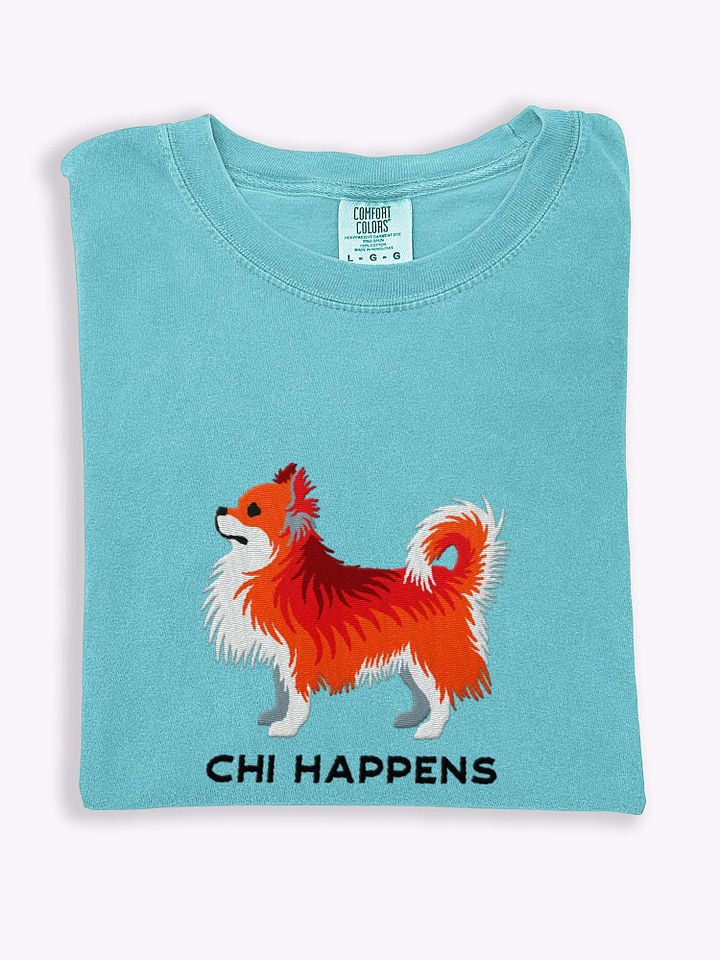 Chi Happens T-Shirt(Embroidered) of a Longhaired Chihuahua(Red) product image (1)