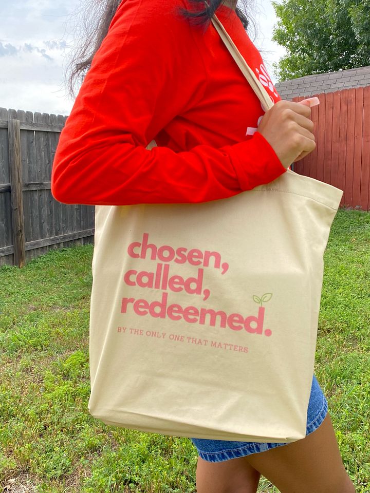 Chosen, Called, Redeemed Eco-friendly Tote (Pink Text) product image (2)