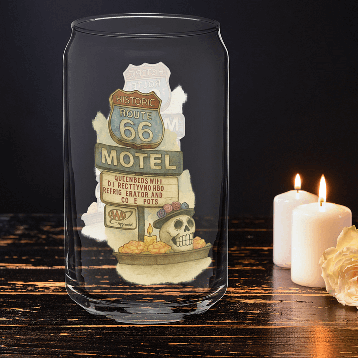 Route 66 Motel Glass – Vintage Skull & Flowers Can-Shaped Pint product image (2)
