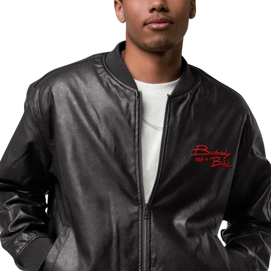 Bubbly and a B (cherry shadow design) faux leather bomber jacket product image (6)