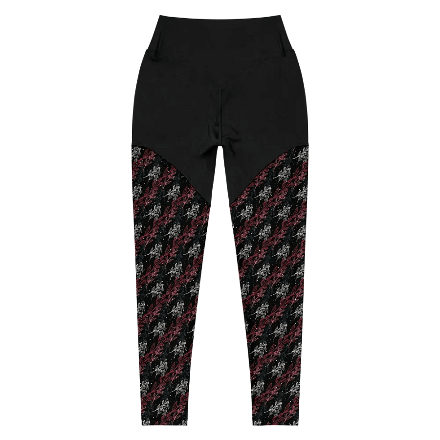Dark sports Leggings in unusual diagonal red apricot design on black design with slight sparkle. product image (4)