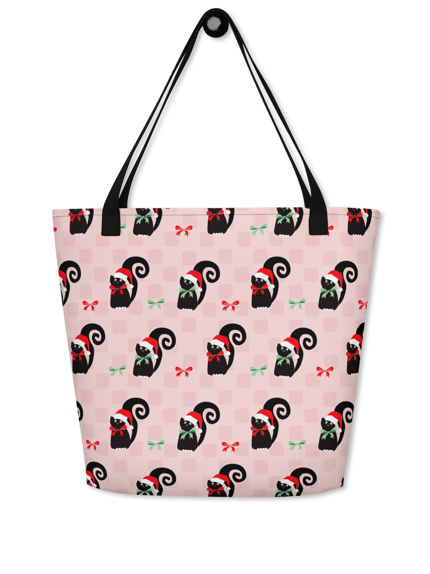 Black Christmas Kitties On Pink Checkerboard – Large Tote Bag product image (1)