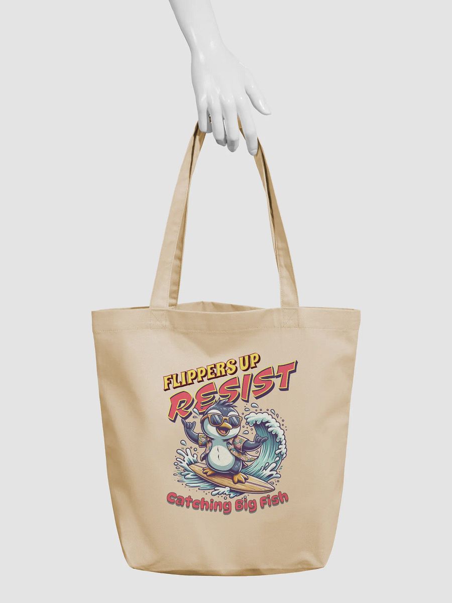 Flippers Up Resist Catching Big Fish Penguin Surfing Eco Tote Bag product image (3)