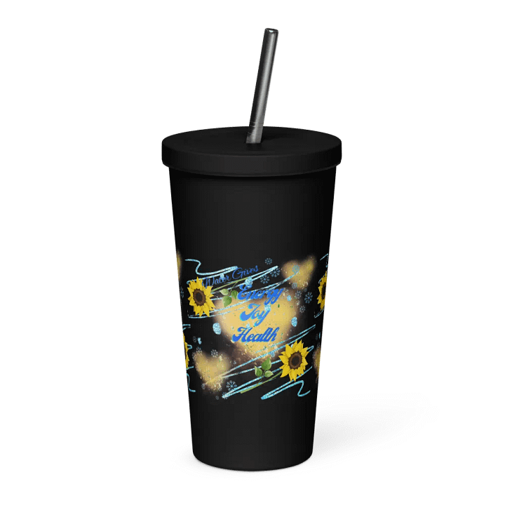 Insulated Tumbler with straw with beautiful swirly  water drop splash and drops design, featuring ‘This water gives Harmony in Body and Mind