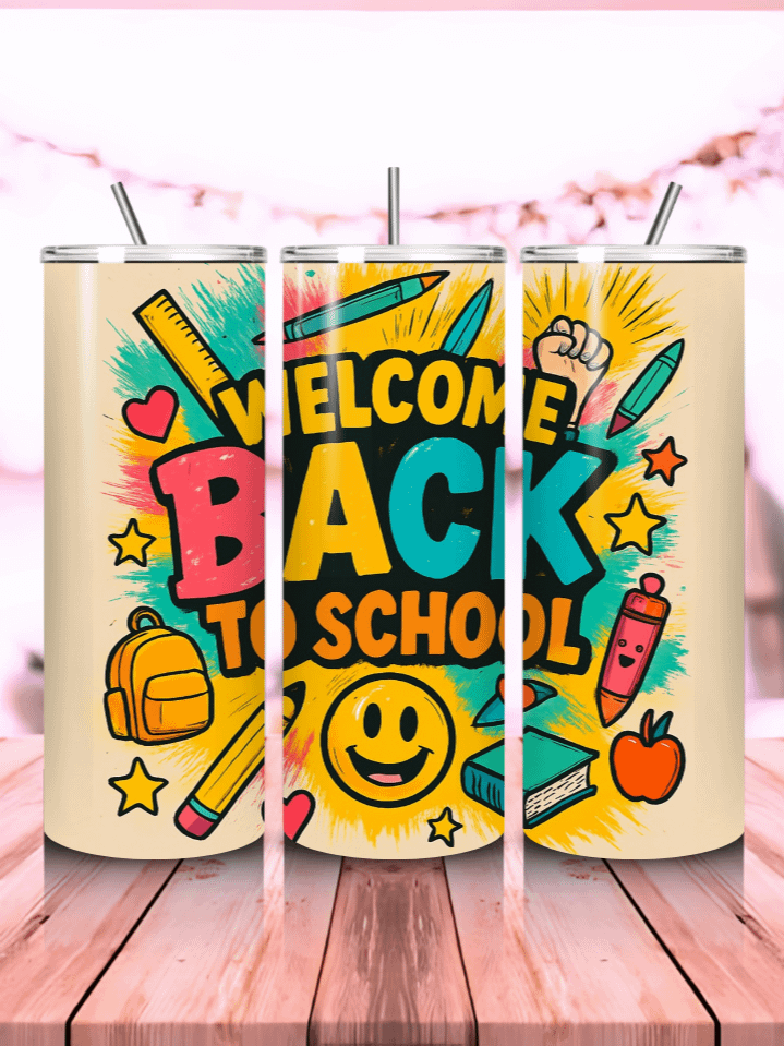 3D Welcome Back to School Tumbler Wrap PNG – 20oz Skinny Sublimation Design with Bold Inflated Letters & Fun Classroom Elements – 300 DPI Instant Digital Download product image (1)