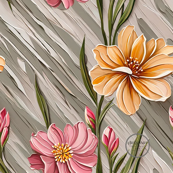Seamless Pattern - Painted Flowers in Shades of Yellow and Pink on a Textured Khaki Background product image (1)