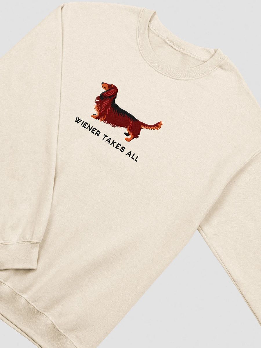 Wiener Takes All Sweatshirt (Embroidered) of a Longhaired Dachshund(Red & Tan) product image (15)