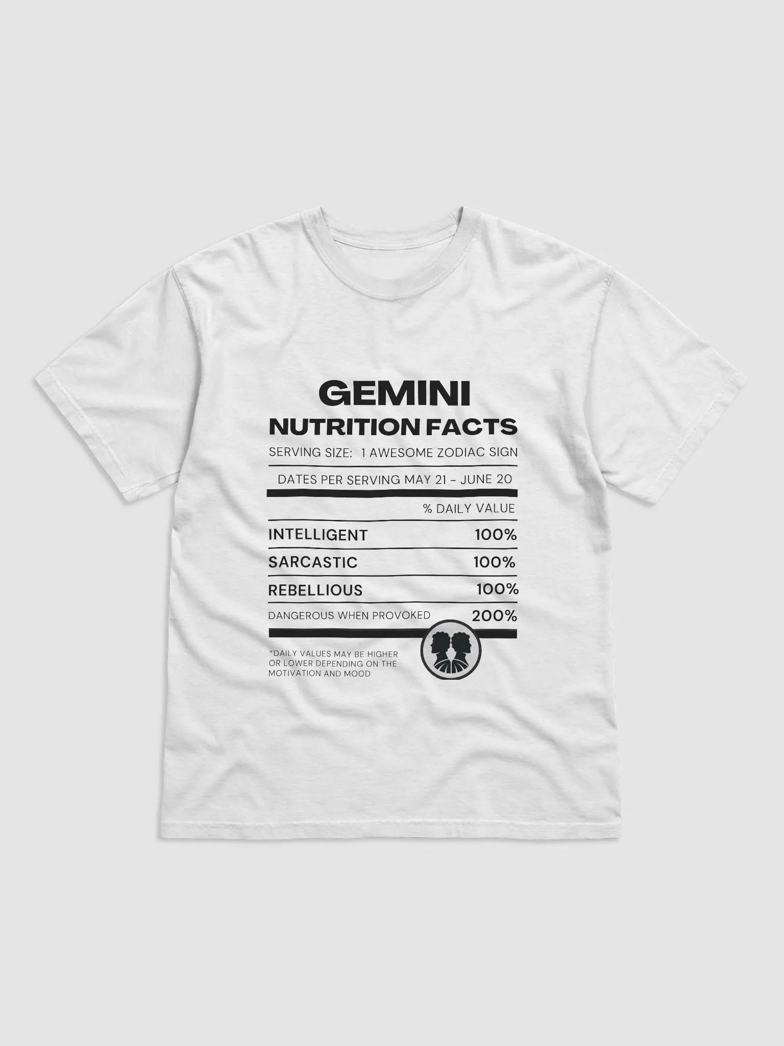 Gemini Nutrition Facts T-Shirt (Black Writing) product image (1)