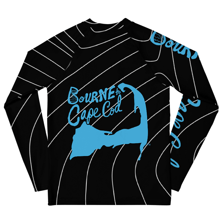 YOUTH | Rash Guard | BRN.2C.C.™ Front Graphic | BOURNE to Cape Cod™ Sleeve & Back Logo | Coastal Swim Shirt for Kids | UV Protection Activewear | Blue Logo | Pinstripes on Black product image (2)