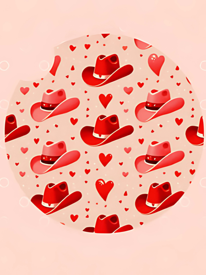Western Valentine Car Coaster Design – Red Hats with Hearts Sublimation PNG – Perfect for Valentine’s Day – 300 DPI High-Quality Instant Download product image (1)