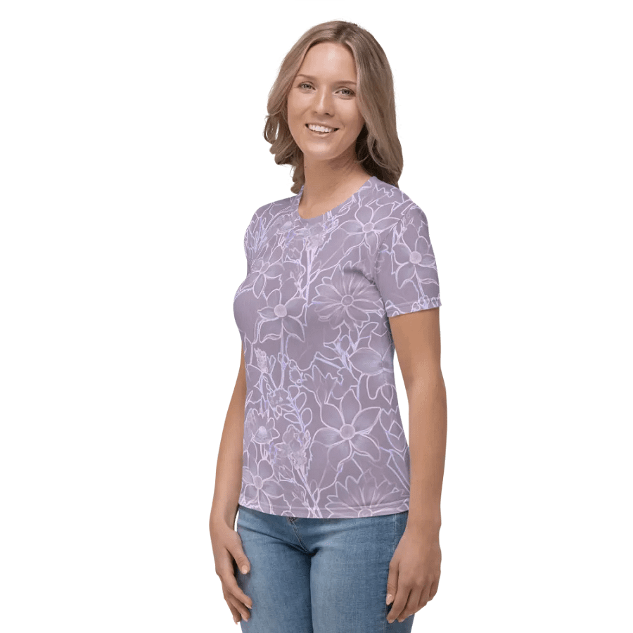 Line art Lilac and Pink Floral/All-Over Print Women's Crew Neck T-Shirt by Sublicolor product image (4)
