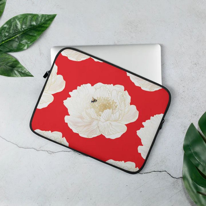 'Golden Blossoms' Red Laptop Cover product image (2)