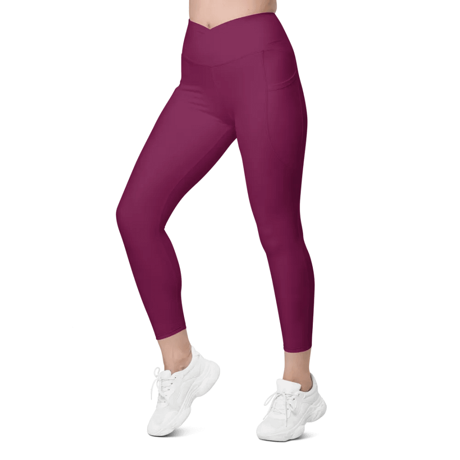 Plain Dark Burgundy Red True Summer Women's High Waisted Premium Crossover Leggings with Pockets by Treasure Pie product image (7)