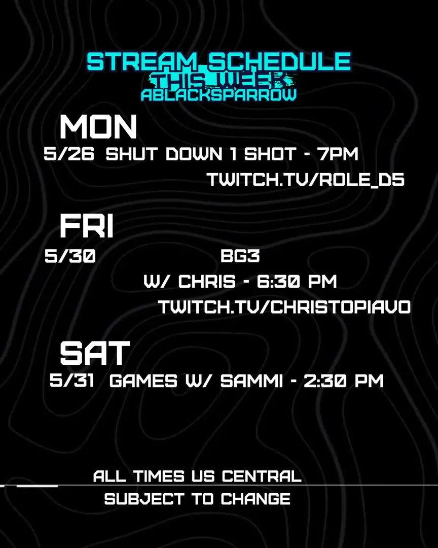 Real hype to be back on the @role_d5 channel this evening! Then playing games with @christopiavo & @sammiditto on Friday & Saturday, respectively (and maybe some pop-up streams along the way!