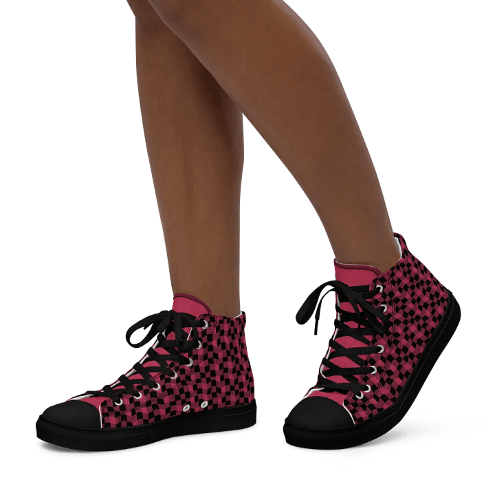 Magenta and Black Warped Checker Women's High-Top Canvas Shoes product image (2)
