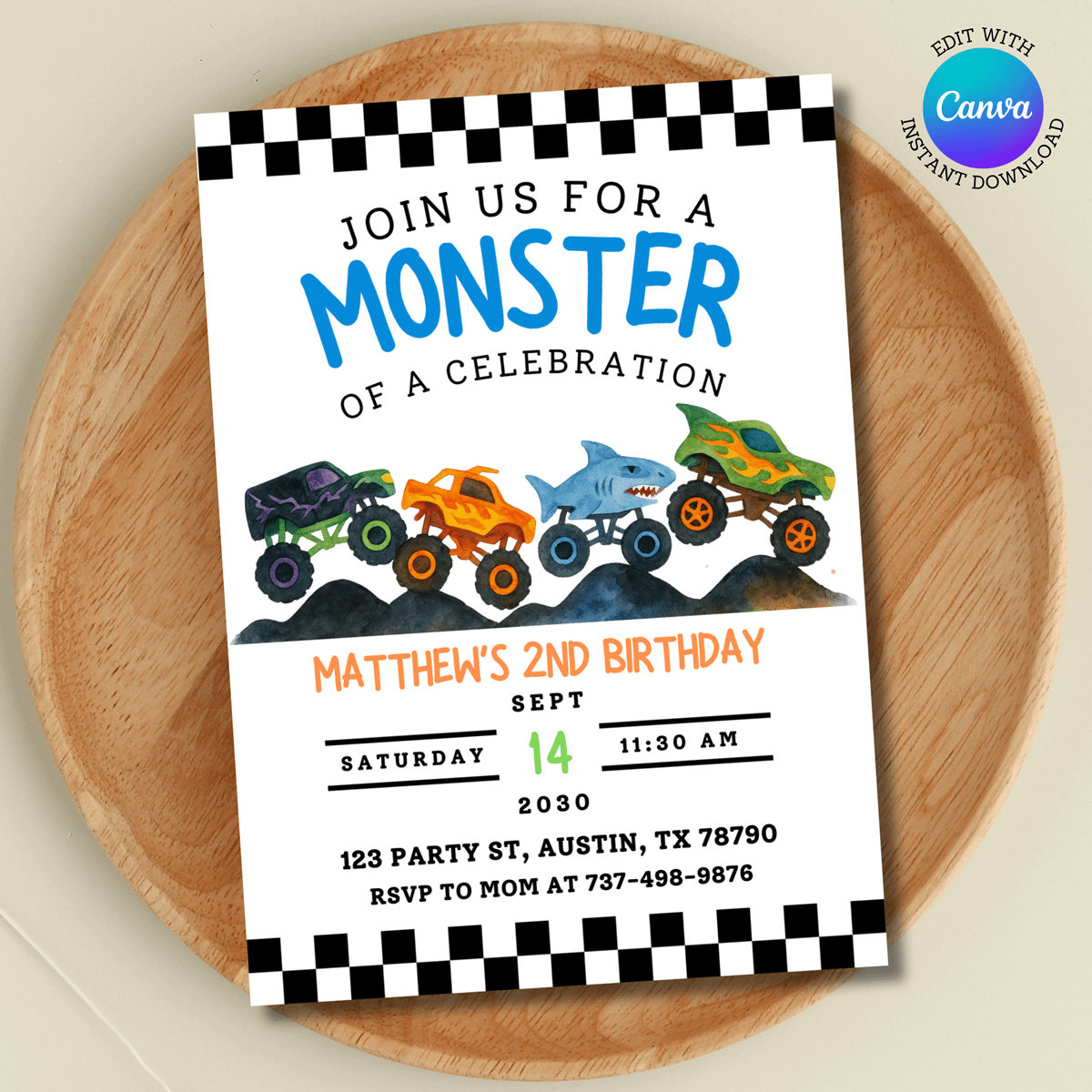 Monster Truck Birthday Invitation | Editable Canva Template | Boys 2nd Birthday Invite | Monster Jam Party | Watercolor Trucks Theme product image (1)