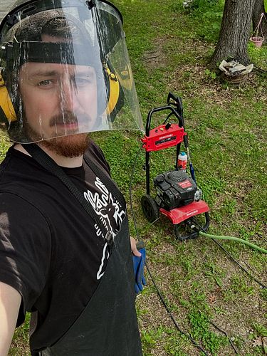 Pressure wash time!  Cover up, it gets messy!  Make sure to keep an eye out for any pieces that go flying!  You can always su...