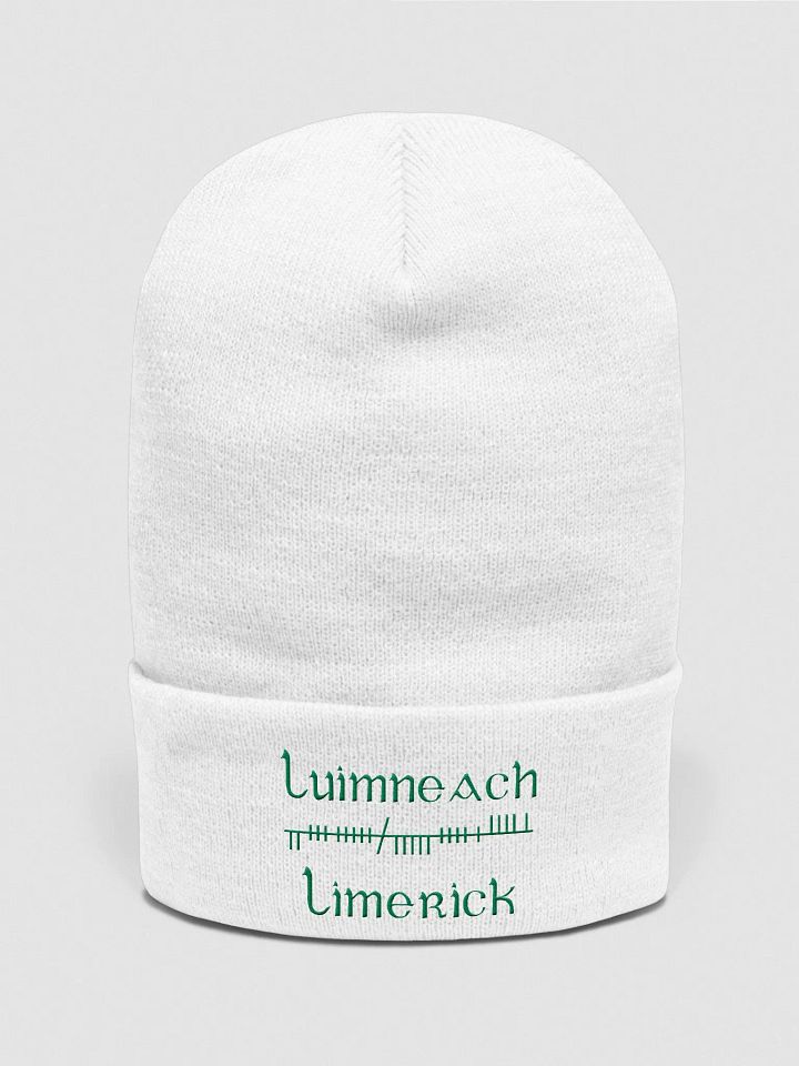 Limerick/Luimneach Orthodox Style Ogham, white with green, embroidered Cuffed Beanie product image (1)
