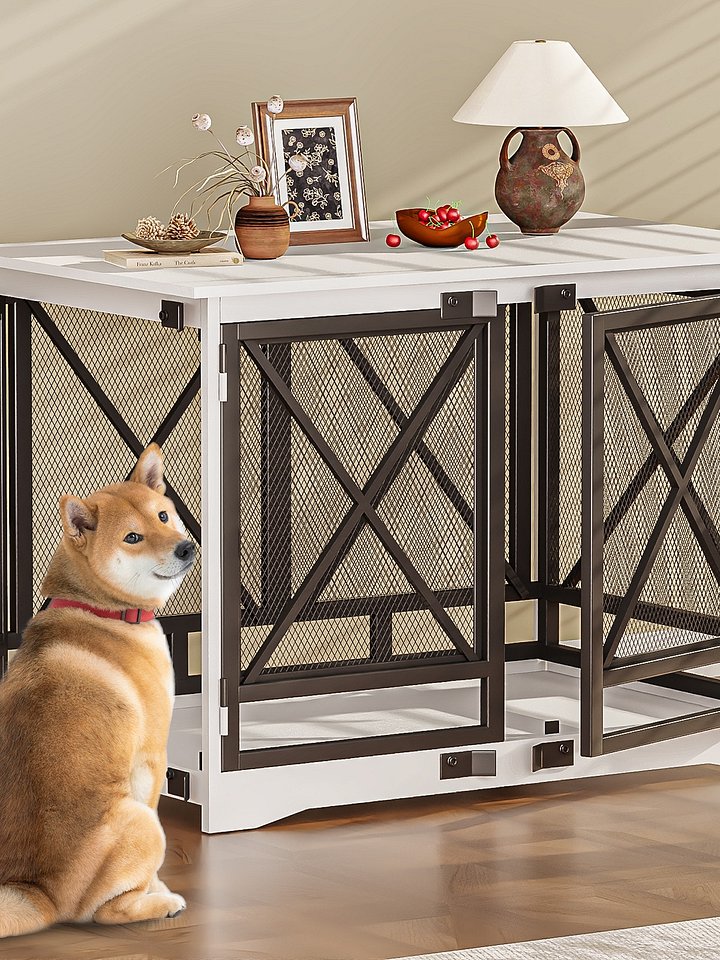 48 inch Extra Large Dog Crate Furniture,Double Door Indoor Kennel,End Side Table Wooden Dog Crates,Anti-Chew Anti-Escape, White product image (1)