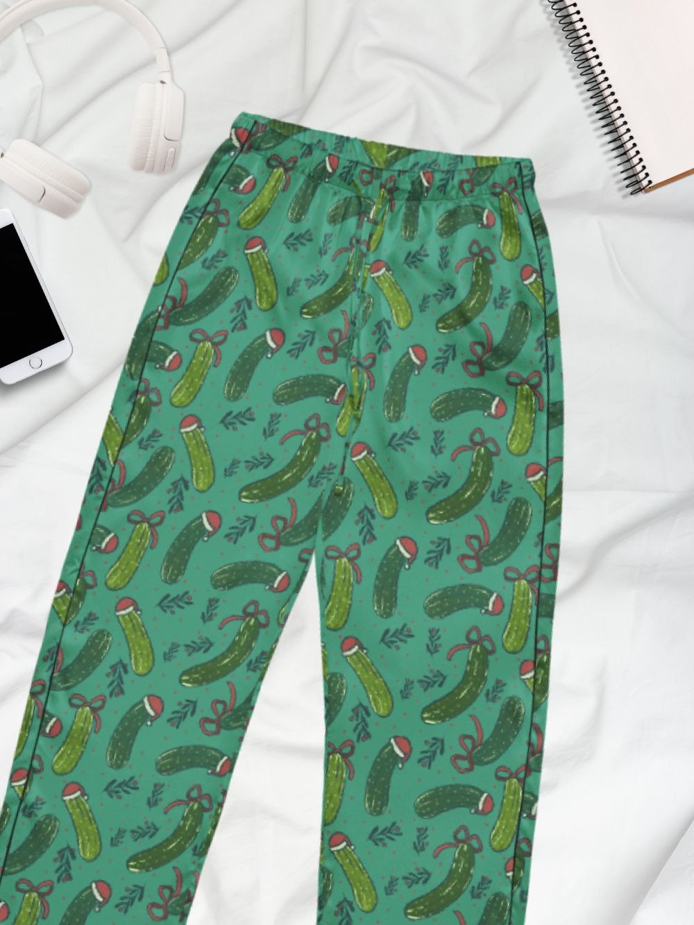 Funny Christmas Pickles Patterned Pyjama Pants, Dark Green product image (1)