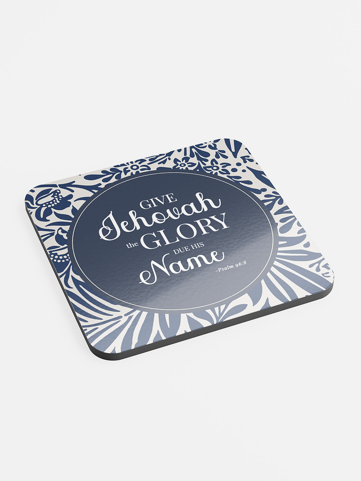 Psalm 96:8 Bible Verse Coaster – "Give Jehovah the Glory" – Navy Blue Floral Design, Cork & Glossy MDF product image (1)