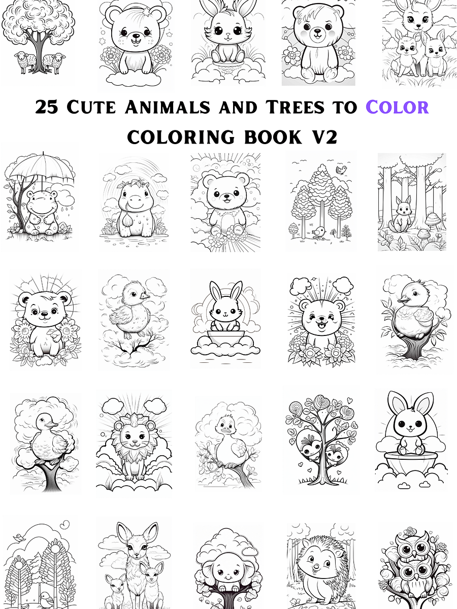 25 CUTE ANIMALS AND TREES TO COLOR 🎨 PRINTABLE ANIMALS COLORING BOOK V2🖍 product image (1)