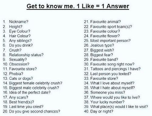GET TO KNOW ME:

1 like = 1 answer in order.
Answers will be posted in the comments