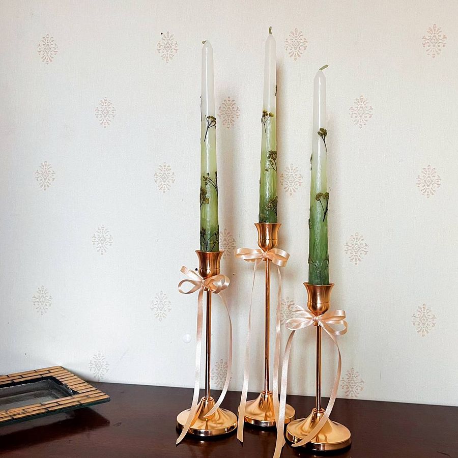 Tapered Dinner Candle Real Dry Flower Botanical Candle Floral Candle Unscented Candle Gift Idea Decorative Candle product image (1)
