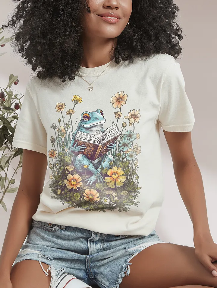 Vintage-Style Frog with a Book in a Field of Wildflowers T-Shirt | Cottagecore, Dark Academia, & Goblincore Shirt Design product image (10)