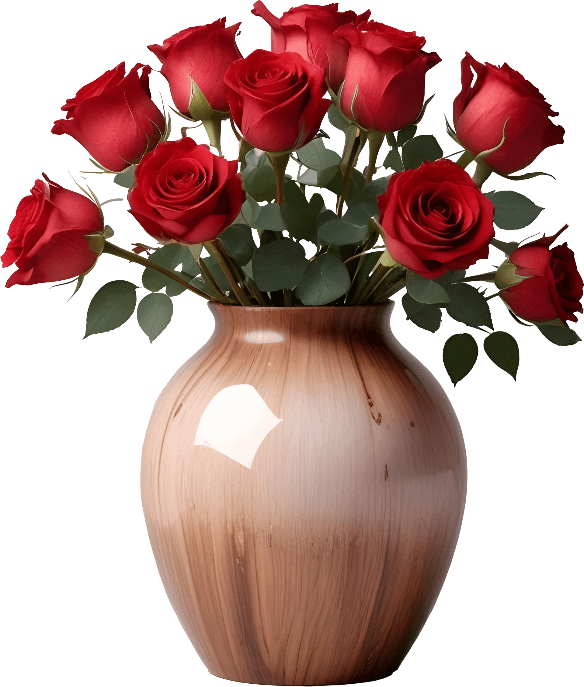 Glossy Wood-Effect Vase with Red Roses PNG product image (1)