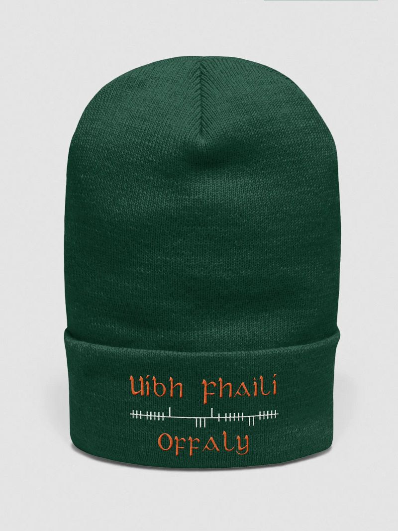 Offaly/Uíbh Fhailí Orthodox style Ogham, Green with white and orange, embroidered Cuffed Beanie