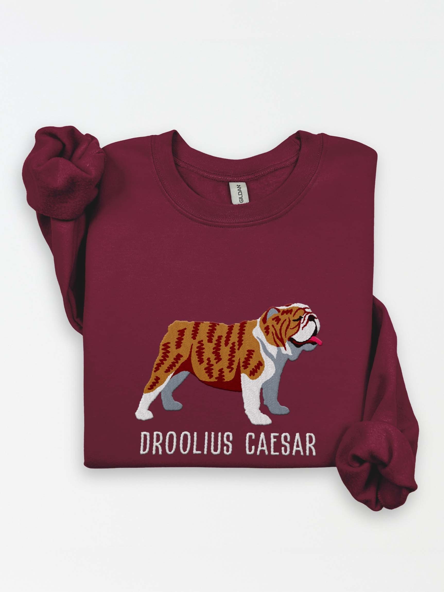Droolius Caesar Sweatshirt (Embroidered) of an English Bulldog(Brindle & White) product image (1)