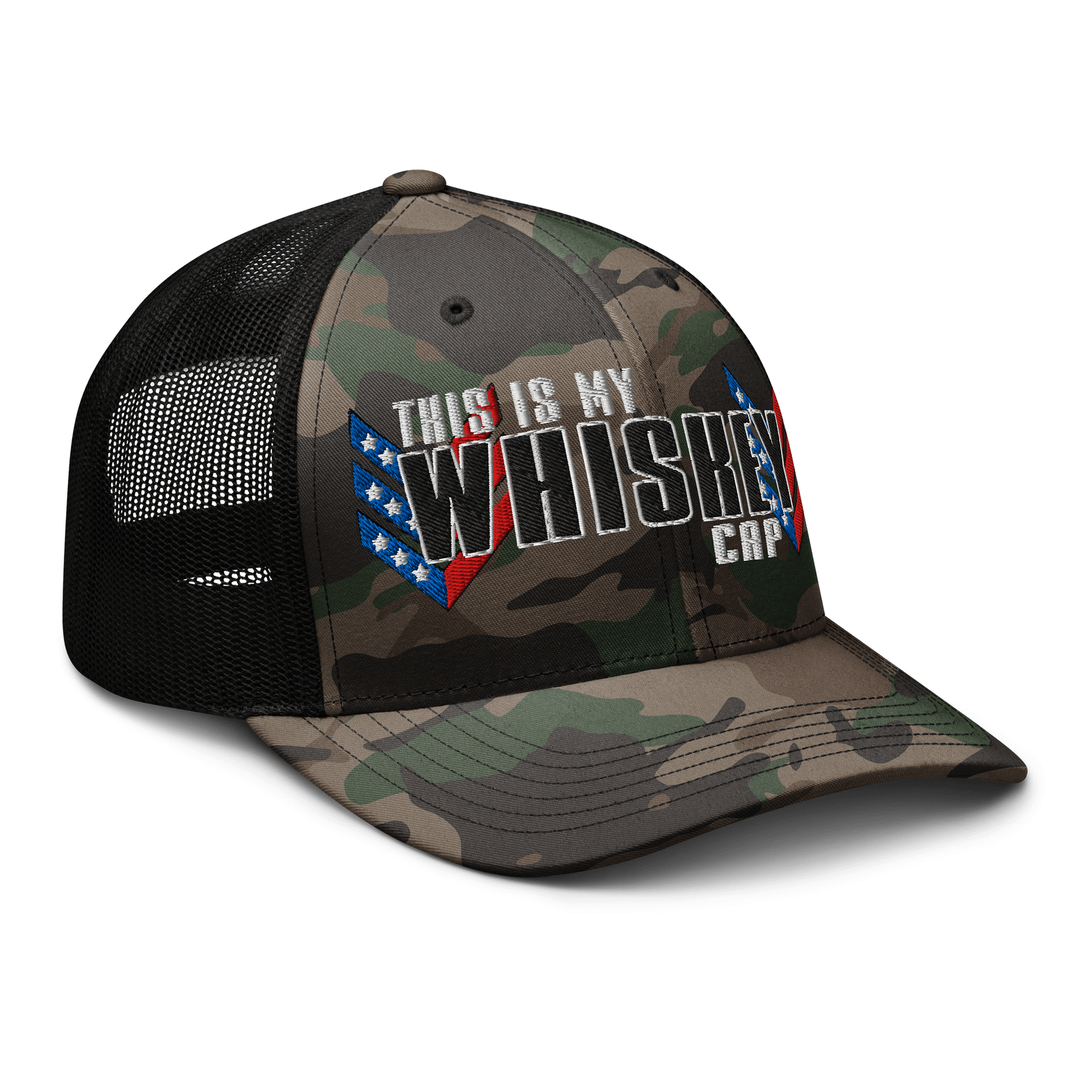 "THIS IS MY WHISKEY CAP" Camo Trucker Hat - Embroidered product image (8)