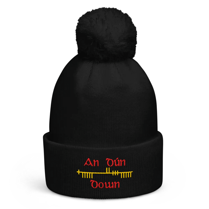 Down/An Dún, Orthodox style Ogham, Red and gold, embroidered Pom-Pom Beanie product image (1)