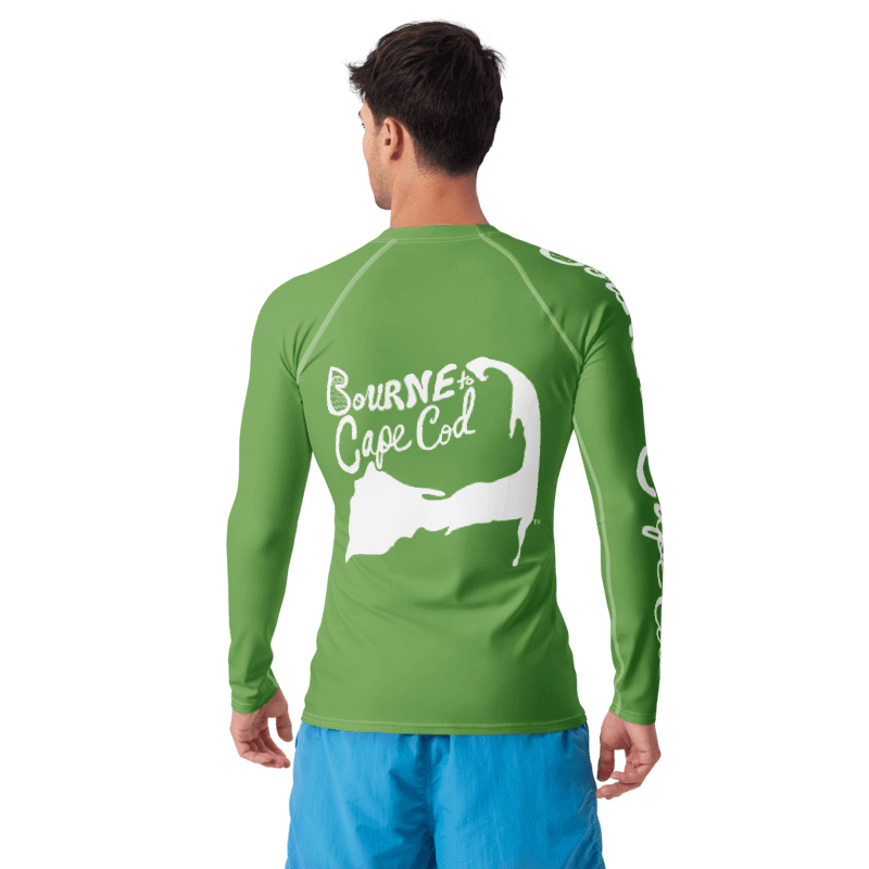 BRN.2C.C.™ /BOURNE to Cape Cod™ | Men’s Long Sleeve Rash Guard | UPF 50+ Active Coastal Shirt | White Logos on Green product image (2)