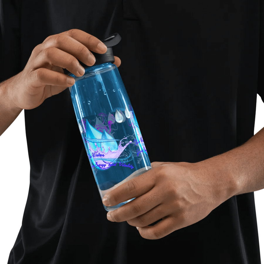Camelback water bottle with beautiful swirly blue water drops  featuring ' This water gives energy and vitality
