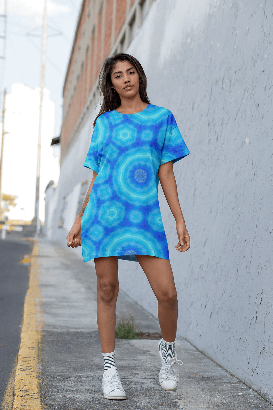 Abstract Circular Pattern in Blues Ladies T Shirt Dress product image (8)