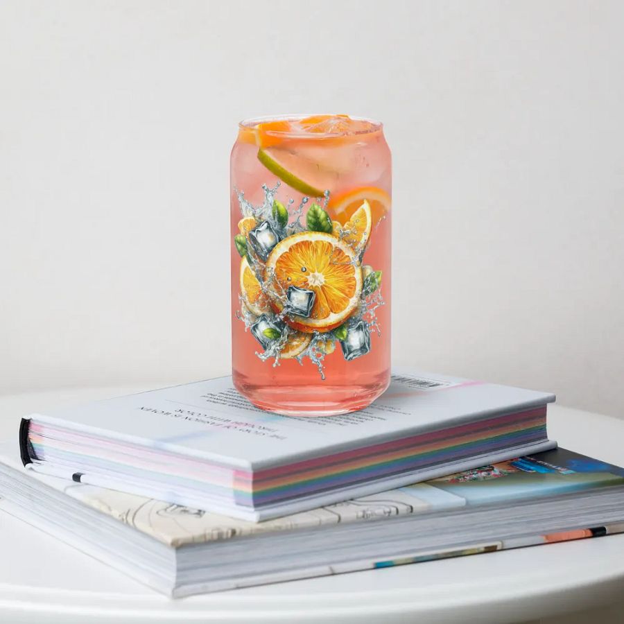 Orange fruit slices floating in the water, water and ice cubes design_04-Can-Shaped Glass product image (4)